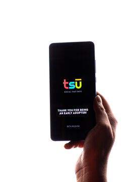 Assam, india - March 10, 2021 : Tsu logo on phone screen stock image.