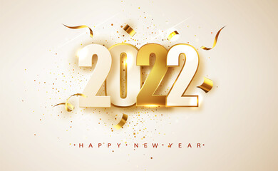 Happy New Year 2022. White and golden numbers on white background. Holiday greeting card design