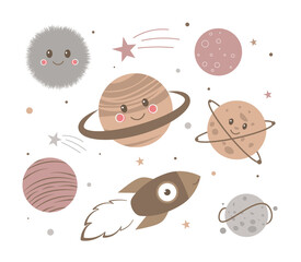 Funny planet characters. Beautiful stickers with star, rocket, satellite and other celestial bodie with kawaii emotion. Icons for printing. Cartoon flat vector collection isolated on white background
