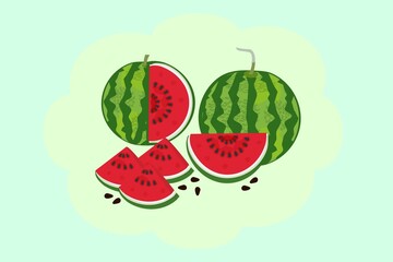 Watermelon, whole and cut into pieces, bright color illustration on yellow and green background for print and design