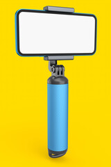Realistic smartphone with blank white screen and selfie stick isolated on yellow