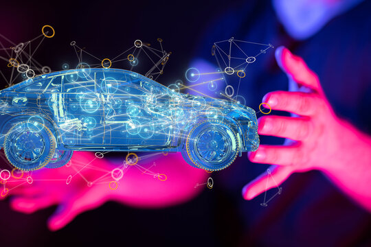 Autonomous car with HUD graphic of Navigation system driving