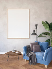 modern living room with a dark blue armchair and plant, frame mockup in the living room, light interior of living room with wood floor and gray wall, 3d render