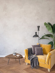  modern living room background with a yellow armchair and plant, light interior of living room with wood floor and gray wall, 3d render