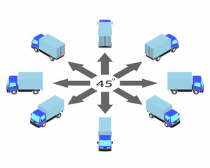 Rotation of blue truck by 45 degrees. Lorry in different angles in isometric view.