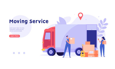 Moving service in new house or apartment. Delivery truck with cardboard boxes for home stuff. Movers moving in new home. We’re moving concept. Vector illustration for Web Design