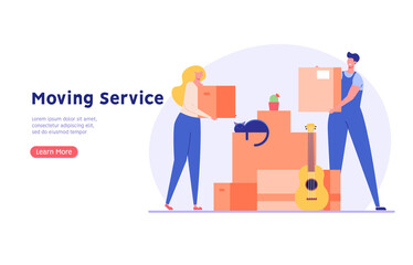 Moving service in new house or apartment. Delivery team with cardboard boxes for home stuff. People moving in new home. We’re moving concept. Vector illustration for Web Design
