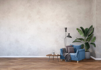 living room with a dark blue armchair and plant, wall mockup, light interior of living room with wood floor and gray wall, 3d render, 3D illustration, background, gray empty wall mockup