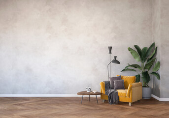 living room with a yellow armchair and plant, wall mockup, light interior of living room with wood floor and gray wall, 3d render, 3D illustration, background, gray empty wall mockup