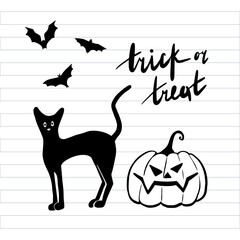 Black cat, a pumpkin with a scary face, flying bats and lettering Trick or Treat. Happy Halloween night design print card, invitation, banner. Funny hand drawing style vector illustration.