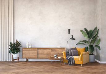 modern living room with a yellow armchair, plant and TV stand, living room with wood floor and gray wall, 3d render, background, gray empty wall mockup, 3D illustration