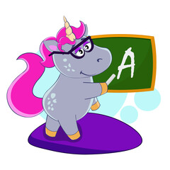 Cartoon unicorn writing on the school board