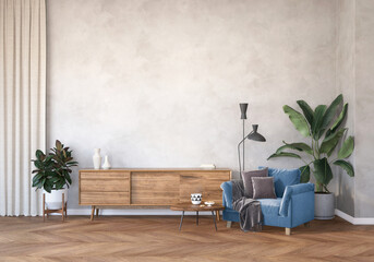 modern living room with a dark blue armchair, plant and TV stand, living room with wood floor and gray wall, 3d render, backgraund