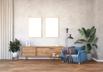 modern living room with a dark blue armchair, plant and TV stand, frame mockup in the living room, living room with wood floor and gray wall, 3d render, a poster on the wall