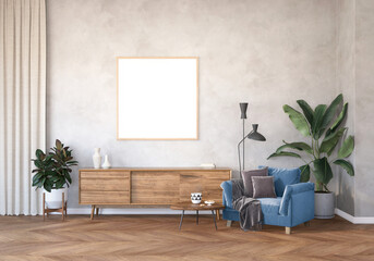 modern living room with a dark blue armchair, plant and TV stand, frame mockup in the living room, living room with wood floor and gray wall, 3d render, 2 posters on the wall