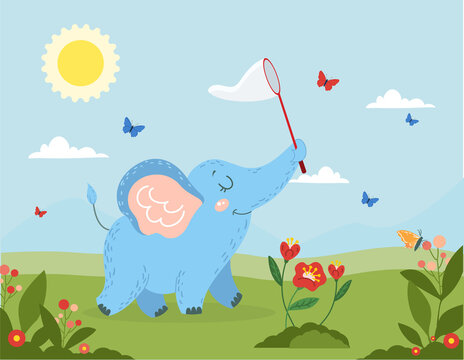Cute elephant and butterflies. Small wild animal catches insects in net. Baby elephant walks around field. Design for wall decoration and printing. Cartoon flat vector illustration on white background