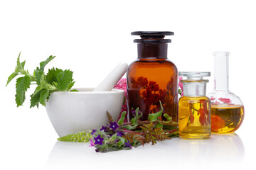 Production of natural medicines, compositions. Herbal medicine - obrazy, fototapety, plakaty