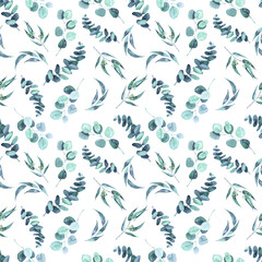 Hand drawn eucalyptus leaves, seamless pattern on white background, watercolor painting, digital paper