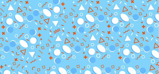 Colored neo memphis styled background. Modern grid flyer with geometric shapes, geometry graphics. Abstract vector pattern design for web banner, business presentation, branding package, wallpaper.