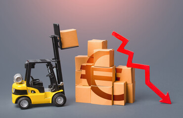 Goods boxes with Euro symbol and red down arrow. revenue drop in the trade and transport industry. Industrial production decline. Import export. Fall of the national economy, economic difficulties.