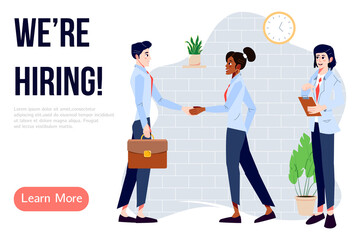 We are hiring banner design. Job vacancy vector poster. People shake hands. Boss hires new employee. Team welcomes new staff member. Business recruiting creative concept.