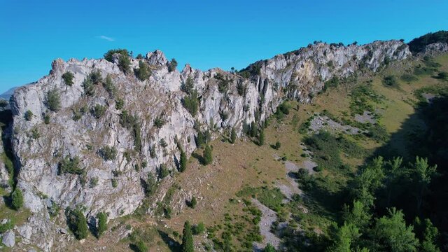 Aerial view from a drone of the landscape in Verdiago in the surroundings of the river Esla. In the Municipality of Cremenes in the Province of Leon. Castilla y Leon, Spain, Europe