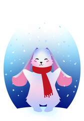 Fototapeta na wymiar Cute hare rejoices in the first snow in the new year