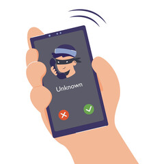 Phone scamming and cheating, phishing. Illustration of call  to personal smartphone from thief or scammer to get information from a person and steal money. Dangerous of unknown incoming calling.