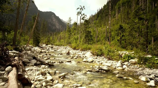 Mountain stream with crystal clear water and small cascade in Tatra Mountains, Poland. Hiking trails on the way to Morkie oko