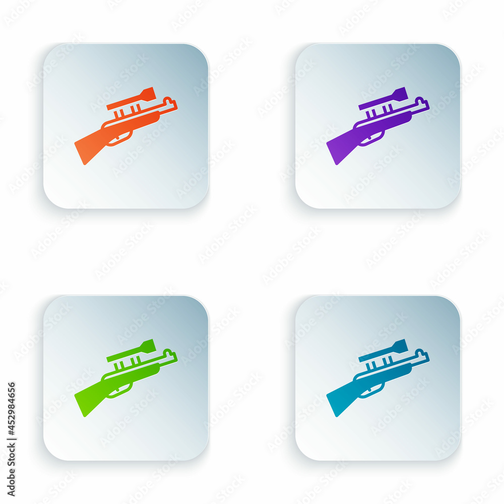 Poster color sniper rifle with scope icon isolated on white background. set colorful icons in square button