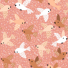 Seamless pattern with cute birds in a hand-drawn style. Beige, white, brown birds fly on a single background. Children's background. For the children's room, for fabric, clothing, packaging paper