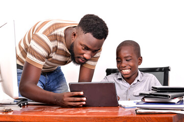portrait of a beautiful family with tablet happy.