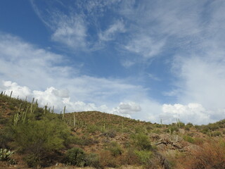 The beautiful scenery of the Sonoran Desert landscape along Interstate highway 17 in Yavapai County, Arizona.
