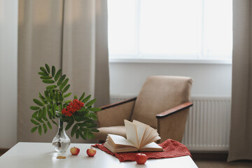 autumn still life with a rowan branch in a vase, book and apples in a cozy home interior