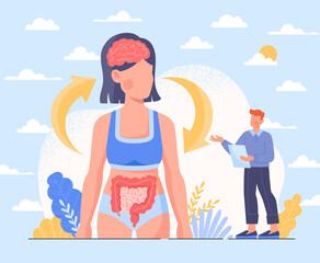 Neurohumoral regulation of digestive system. Brain affects functioning of stomach and intestines and vice versa. Interconnected organs. Cartoon flat vector illustration isolated on white background