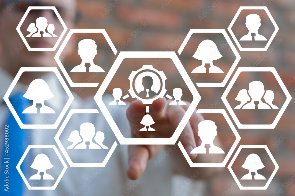 Aufkleber business concept of supervisor. manager using virtual touchscreen clicks a organization work structu