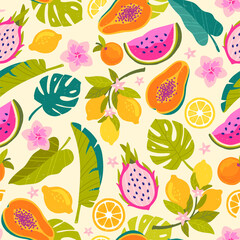 Tropical Fruit Pattern. Seamless pattern with watermelon, lemon, orange, mango, flower and leaves. Design for shirt, cover and textiles. Cartoon flat vector illustration isolated on beige background