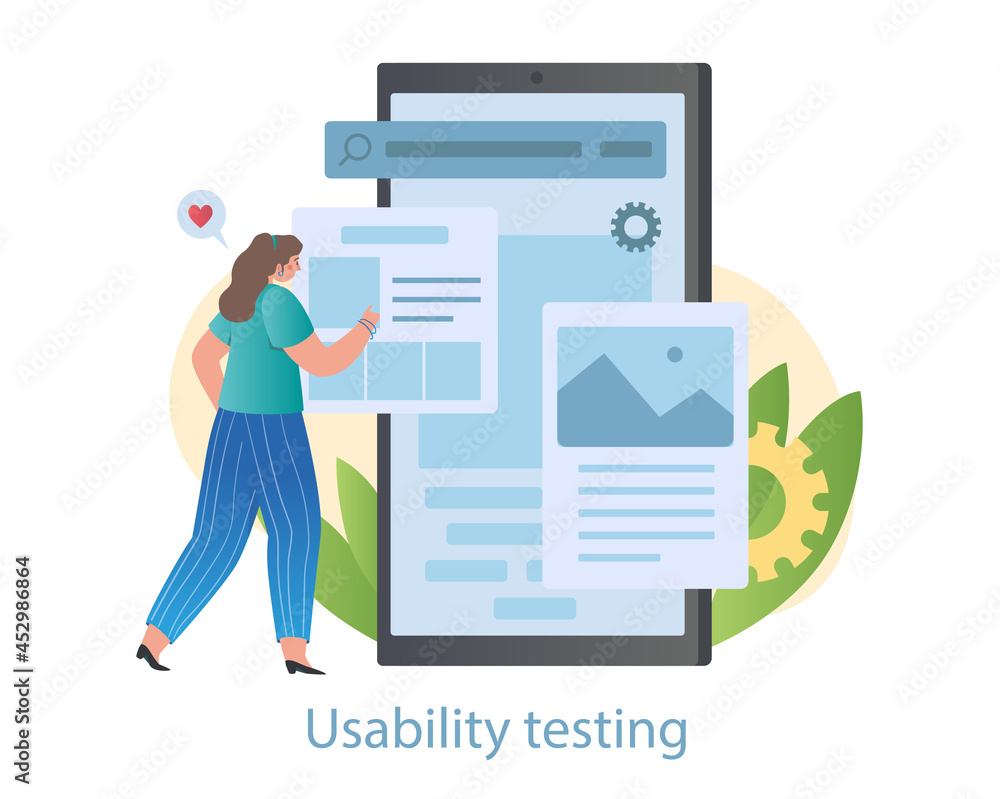Poster usability testing concept. female programmer checks convenience of application for users. software, 