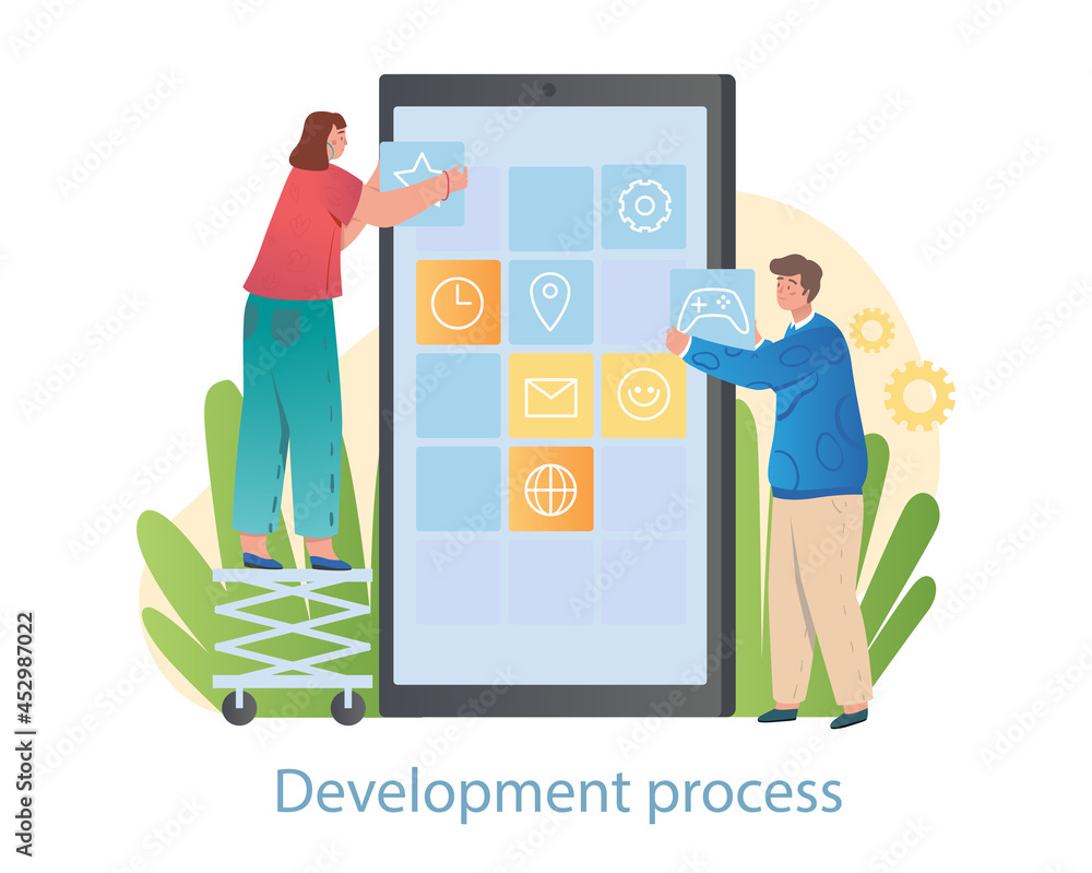 Poster creating interface process. man and woman programmers hold application icons and install them on pho