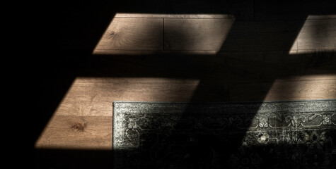 Shadows of the window and trees on the wooden floor with gray carpet