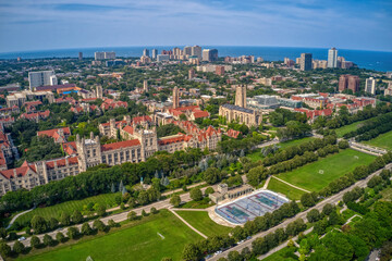 Fototapeta na wymiar Aerial View of a large University in the Chicago Neighborhood of Hyde Park