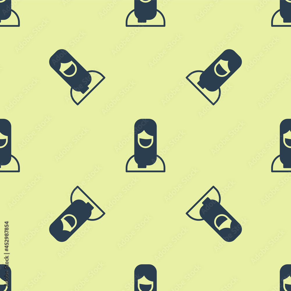 Poster blue muslim woman in hijab icon isolated seamless pattern on yellow background. vector