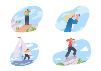 Collection of people looking future. Purposeful man and woman with binoculars found right solution. Metaphor for personal growth and development. Cartoon flat vector illustration on white background