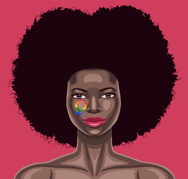 Vector portrait of young beautiful African American woman with face painting on the cheek depicting venus symbol in rainbow colors of lgbt flag

