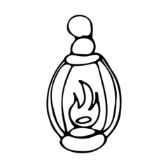 Kerosene lantern doodle style. Hand drawn camping lantern. Travel concept.Vector design. Doodle sketch design elements. Line art. 