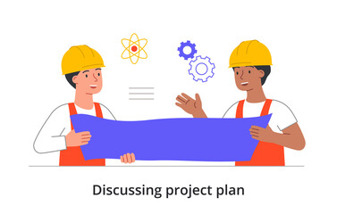 Discussing project plan concept. Male characters hold drawing of house in their hands and communicate. Employees discuss details of task. Cartoon flat vector illustration isolated on white background