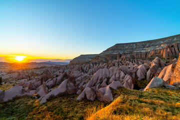 Red valley at Cappadocia, Anatolia, Turkey. Volcanic mountains in Goreme national park.