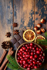 Festive culinary background with winter spices and ingrediens for baking. Top view with copy space.