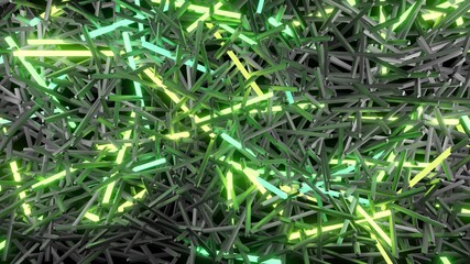 3d render. 3d abstract simple geometric background with green yellow rectangles like light bulbs flashing neon lights. Creative simple motion design bg with 3d objects