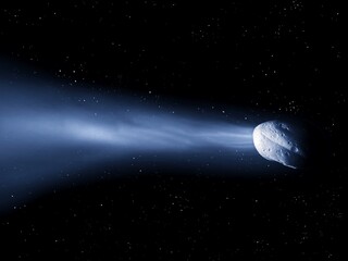 Comet tail, glowing comet flies in space against the background of stars 3d rendering.